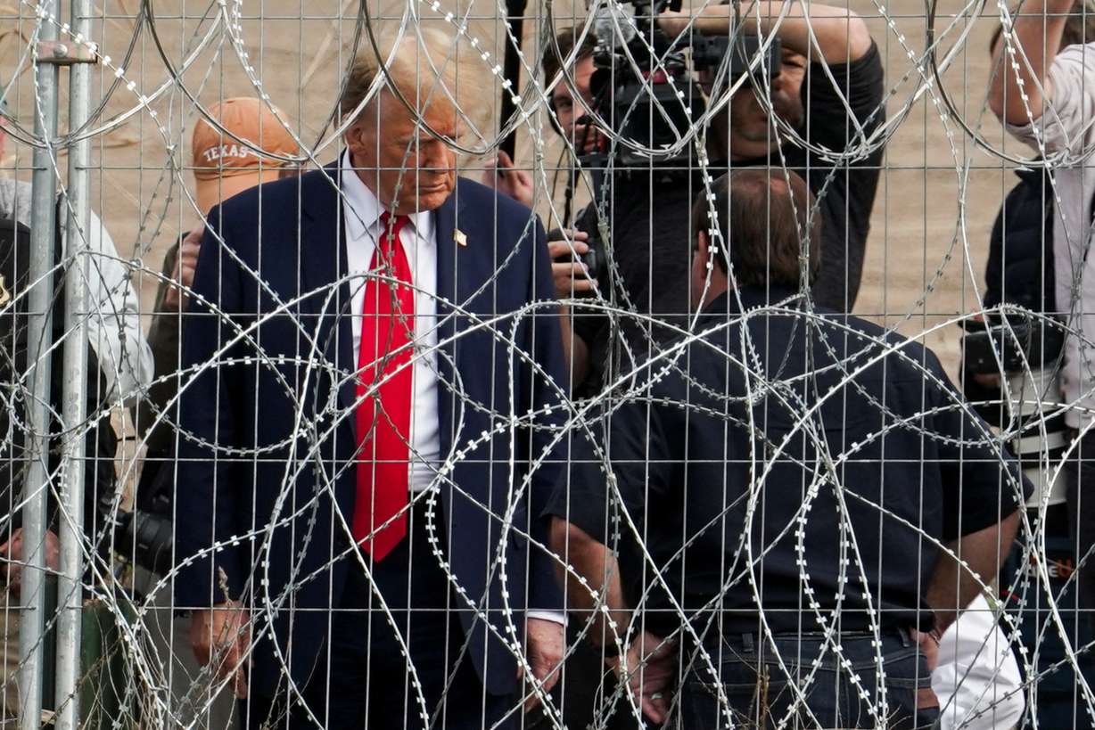 Republican presidential candidate and former President Donald Trump visits the U.S.-Mexico border at Eagle Pass, Texas, as seen from Piedras Negras, Mexico, Wednesday.
