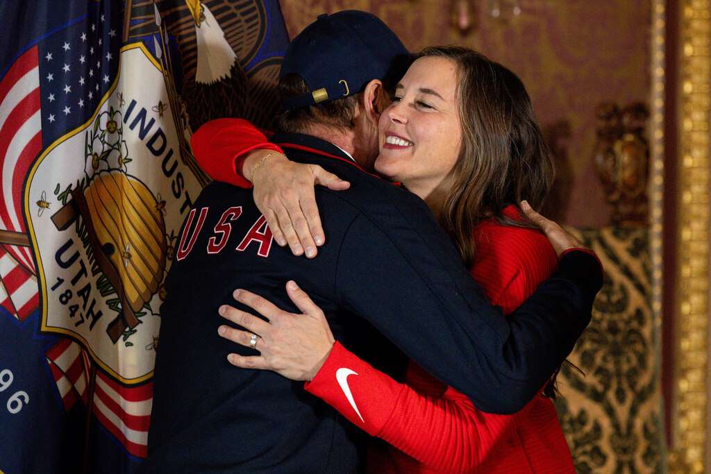 Salt Lake City Mayor Erin Mendenhall hugs Fraser Bullock, president and CEO of the Salt Lake City-Utah Committee for the Games, before a strategic board meeting for the Salt Lake City-Utah 2034 Olympic Winter Games where Utah’s bid was officially submitted at the Utah Capitol in Salt Lake City on Thursday.