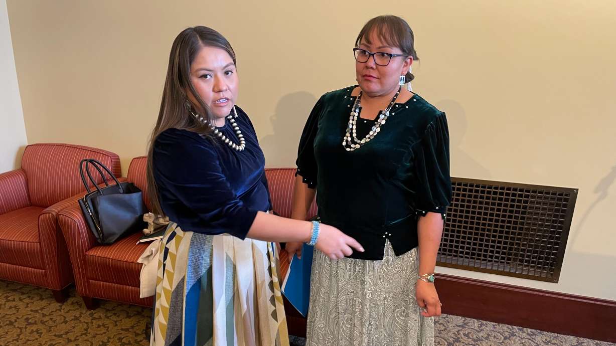 Navajo Nation leaders Shaandiin Parrish, left, and Crystalyne Curley met with reporters at the Capitol in Salt Lake City on Thursday to discuss their efforts to get funds from Utah lawmakers for a road project.