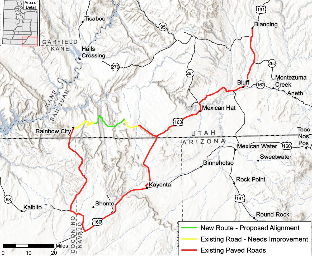 Navajo Nation reps seek funds from the state of Utah to help build a road to improve access to the Navajo Mountain area, where Rainbow City is located. The area of the proposed road project is shown in yellow and green.
