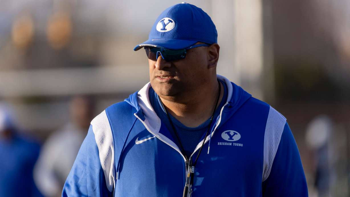 BYU Football Head Coach Kalani Sitake walks off the SAB outdoor practice fields after practice at the start of spring camp in Provo on Thursday, Feb. 29, 2024.