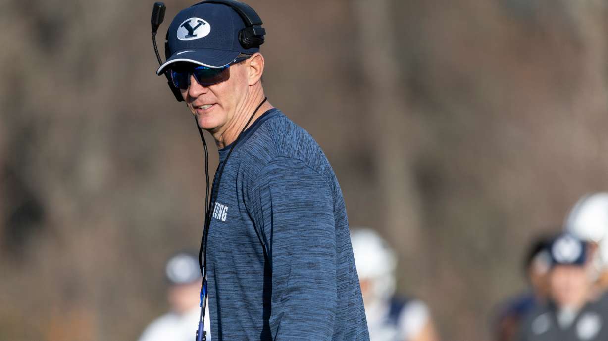 BYU Football defensive coordinator Jay Hill watches the team practice on the SAB outdoor practice fields at the start of spring camp in Provo on Thursday, Feb. 29, 2024.
