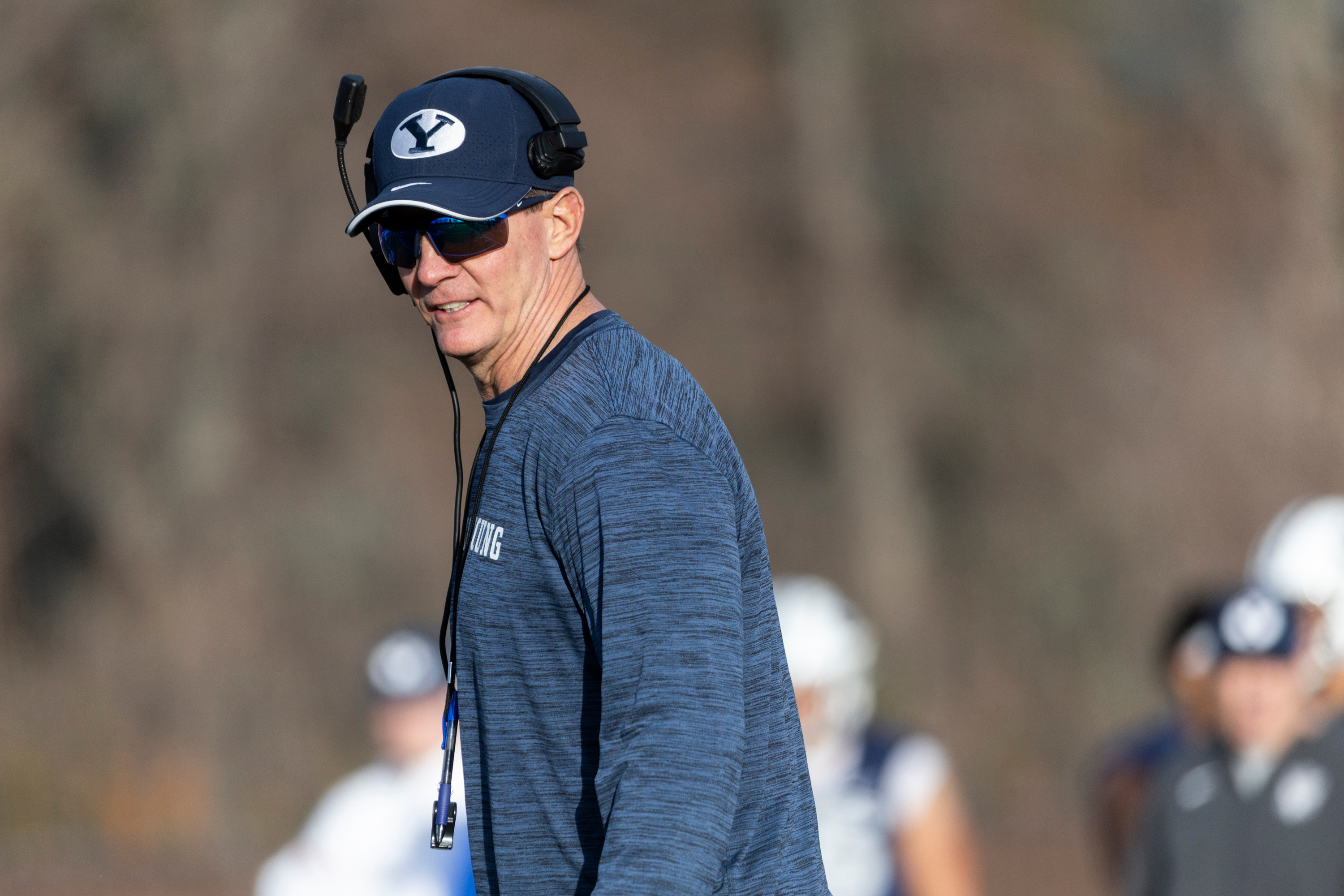 BYU defensive coordinator Jay Hill watches the team practice on the SAB outdoor practice fields at the start of spring camp in Provo on Thursday, Feb. 29, 2024.