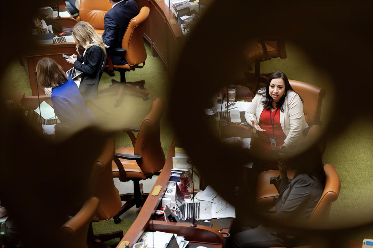 House Minority Leader Angela Romero, D-Salt Lake City, talks during a saunter on the House floor on the second to last day of the 2024 legislative session at the Utah Capitol in Salt Lake City on Thursday. House Democratic leadership said the session was the most politically polarized they've experienced.