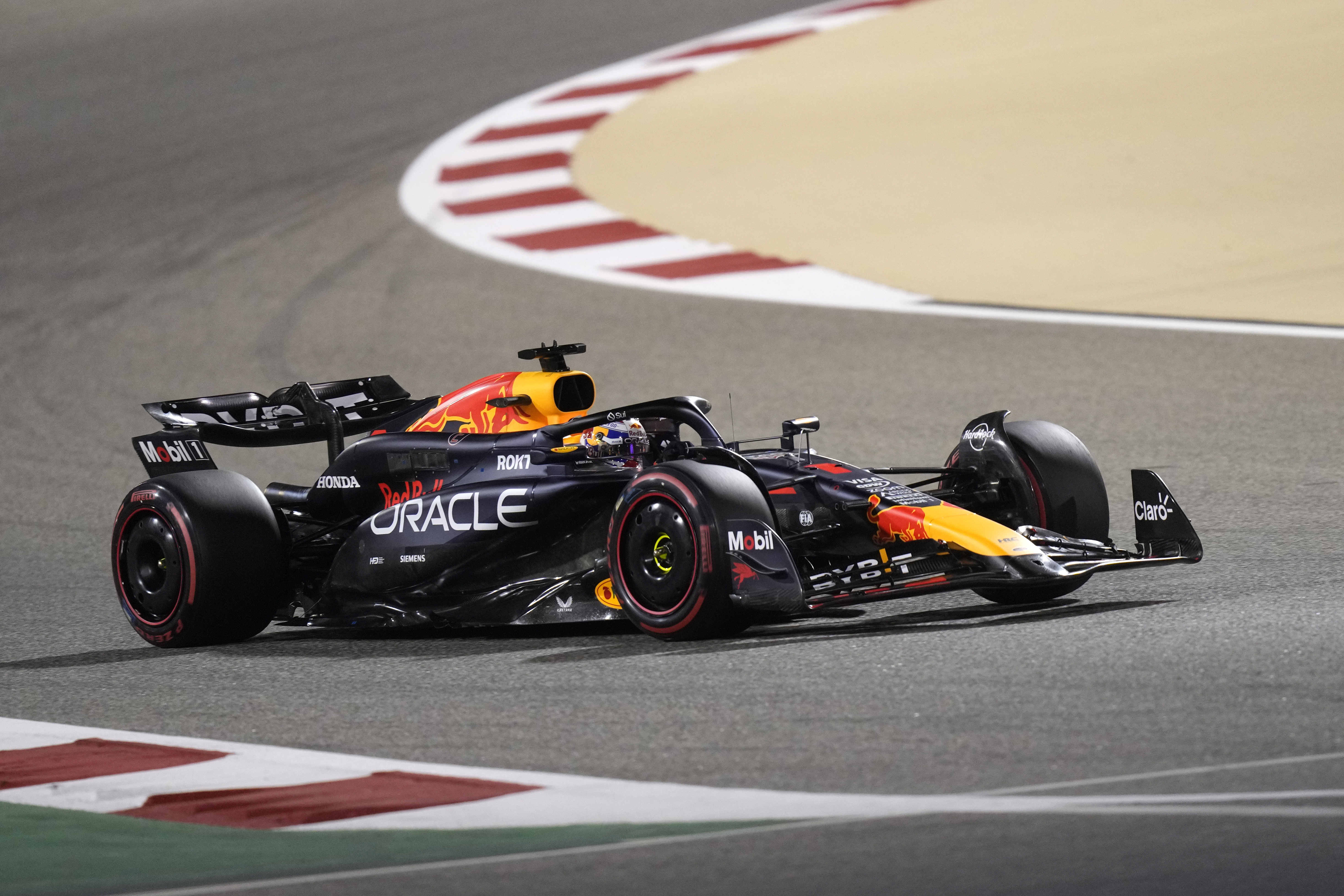 Red Bull driver Max Verstappen of the Netherlands steers his car during qualification ahead of the Formula One Bahrain Grand Prix at the Bahrain International Circuit in Sakhir, Bahrain, Friday, March 1, 2024. 