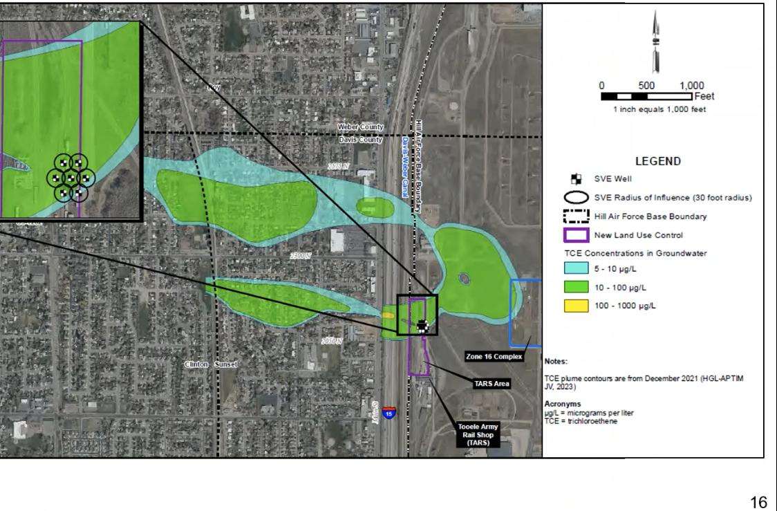 Map of know TCE soil concentrations, presented to the public Wednesday, showing the plume extending from Hill Air Force Base into Sunset, Clinton and Roy.