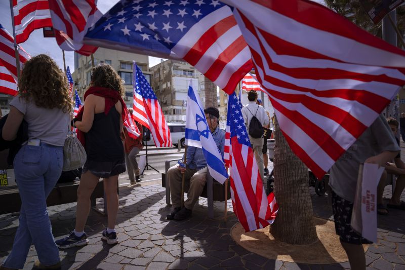 Israelis demonstrate to demand the release of the hostages from Hamas captivity in the Gaza Strip, during a protest outside of the U.S. Embassy Branch Office in Tel Aviv, Israel, Friday.