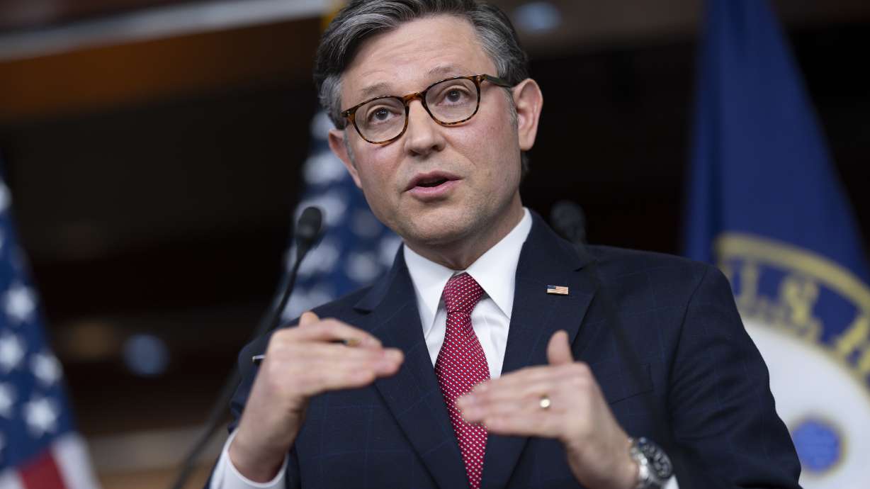 Speaker of the House Mike Johnson, R-La., speaks at the Capitol in Washington, Thursday. Shortages of ammunition and supplies are resulting in Ukraine losing ground, yet the House has shown little hurry to resupply Kyiv with military aid.