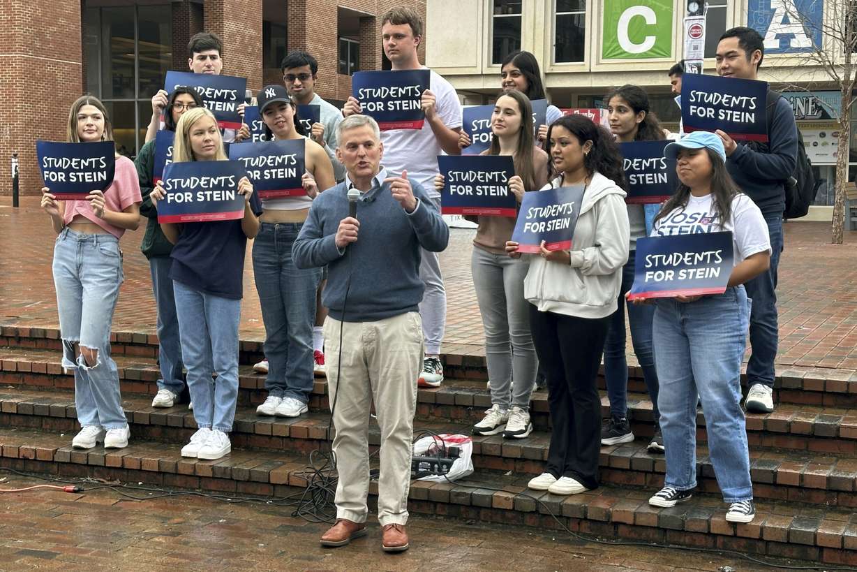 North Carolina Attorney General Josh Stein gives a campaign speech outside the student union at the University of North Carolina at Chapel Hill, N.C., on Jan. 25. Stein spoke at a kickoff of his gubernatorial campaign's "Students for Stein" movement. With a large fundraising advantage and support from outgoing Gov. Roy Cooper, Stein appears to be the frontrunner for the Democratic nomination, which will be decided in the March 5 primary.