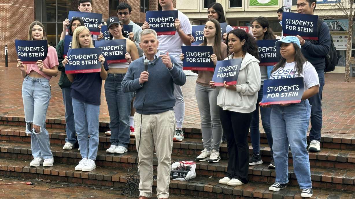 North Carolina Attorney General Josh Stein gives a campaign speech outside the student union at the University of North Carolina at Chapel Hill, N.C., Jan. 25.