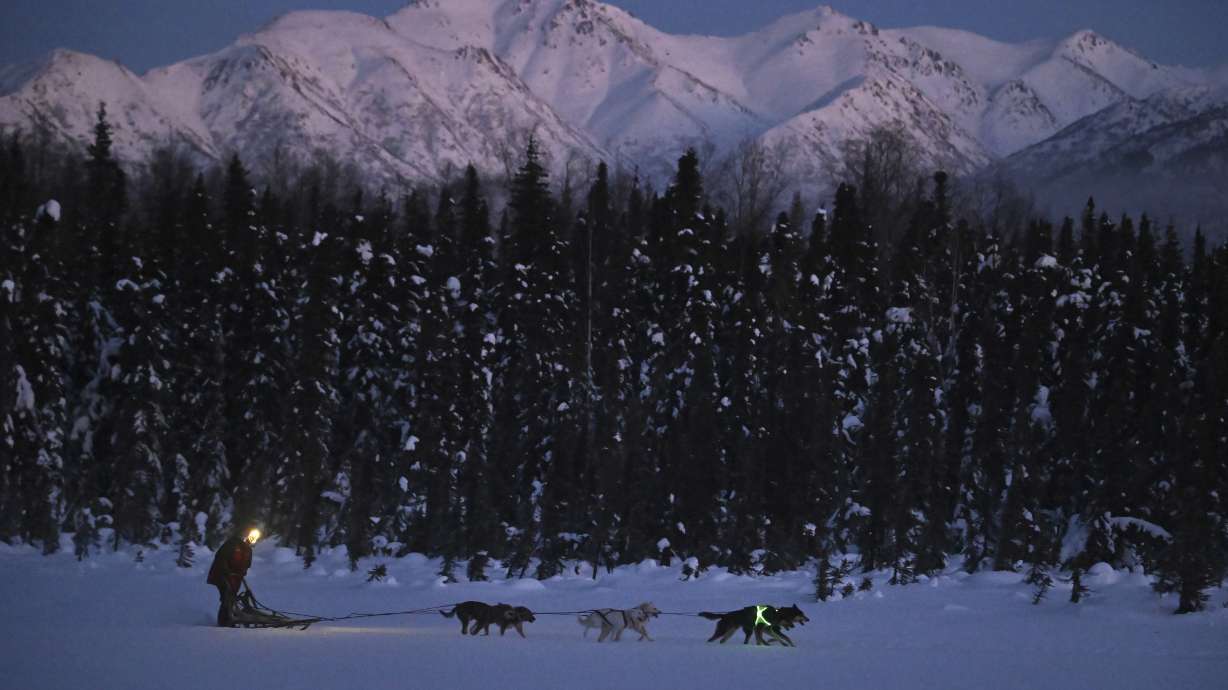Musher Dutch Johnson, a kennel manager at The August Foundation for Alaska Racing Dogs, runs a dog team on Dee Lake in Chugiak, Alaska, Jan. 23, 2024. The lead dogs are illuminated for safety. Alaska’s wild spaces are getting more crowded and dangerous for Alaska’s four-legged athletes training for the Iditarod, an annual sled dog race that celebrates the official state sport.