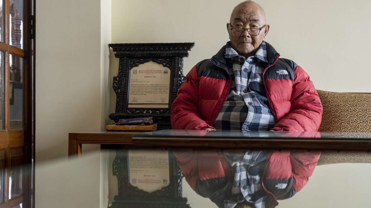 Kanchha Sherpa sits during an interview with Associated Press at his residence in Kathmandu, Nepal, Saturday. Kanchha Sherpa, 91, was among the 35 members in the team that put Edmund Hillary atop the 29,032-foot peak on May 29, 1953.