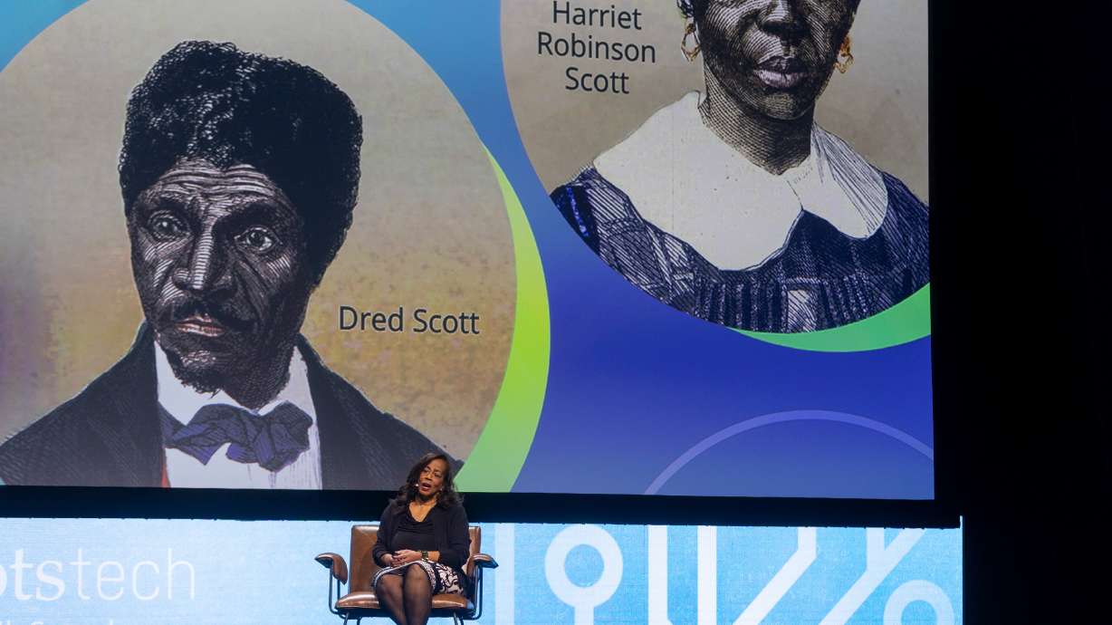 Keynote speaker Lynne M. Jackson, president and founder of The Dred Scott Heritage Foundation, presents at RootsTech in Salt Lake City on Friday.