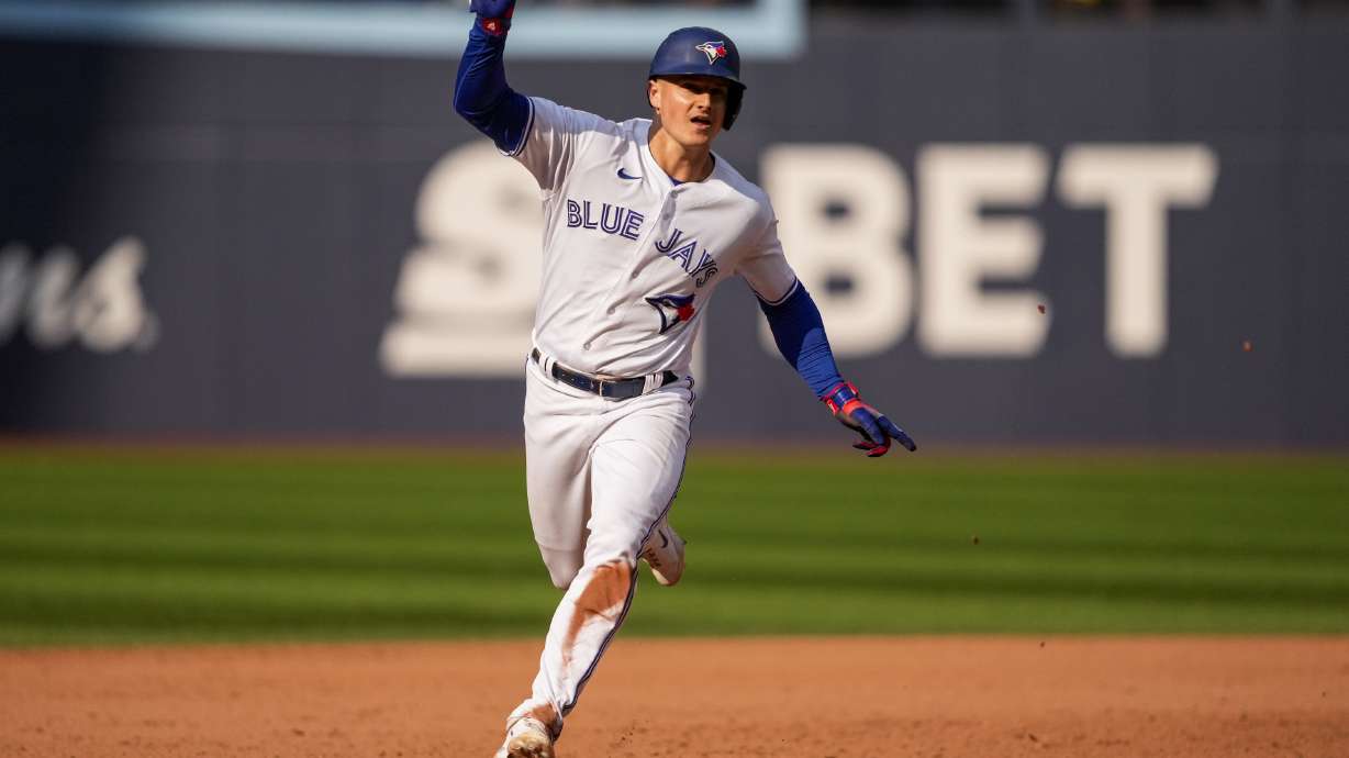 FILE - Toronto Blue Jays' Matt Chapman celebrates after his walkoff double against the Boston Red Sox during ninth-inning baseball game in Toronto, Sunday, Sept. 17, 2023. Chapman and the San Francisco Giants have agreed to a $54 million, three-year contract, a person familiar with the negotiations told The Associated Press, Saturday, March 2, 2024.
