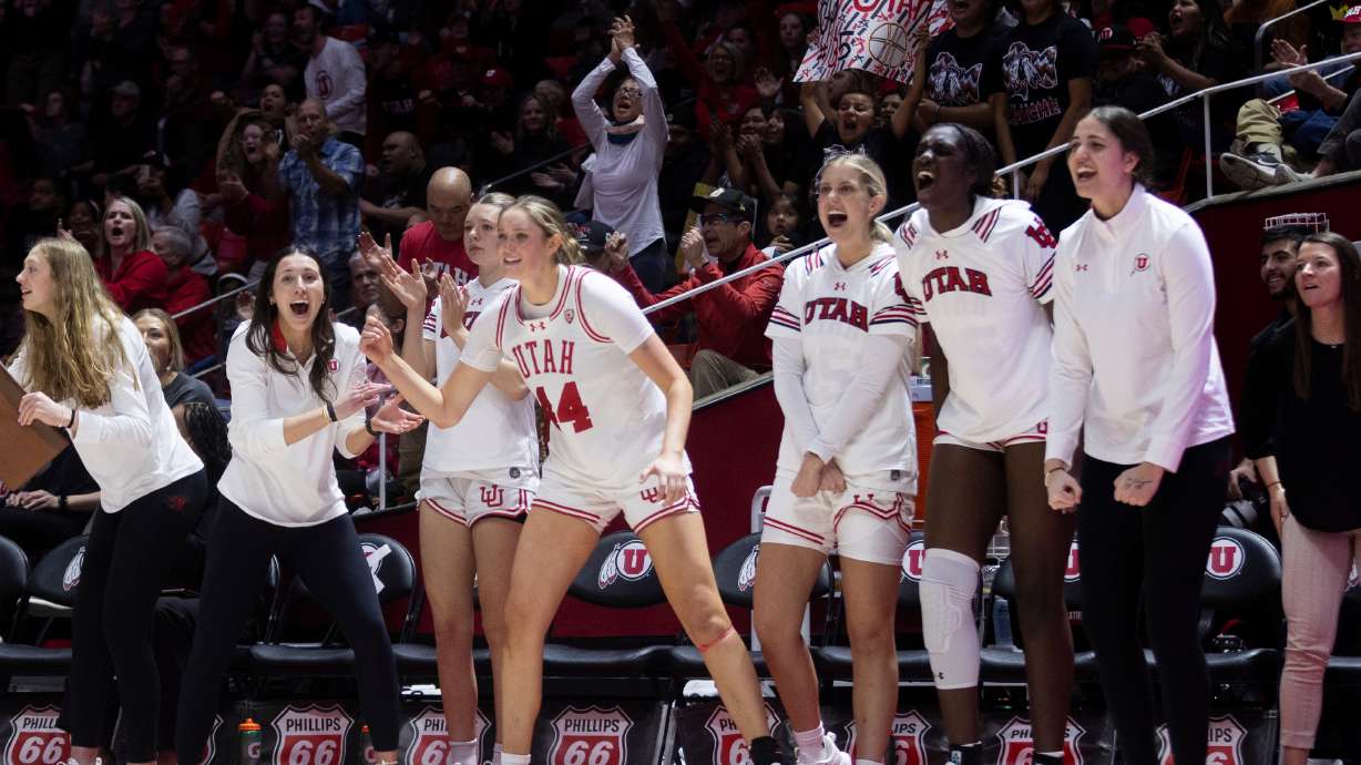 The Utah Utes cheer for their teammates during a game against the Washington Huskies at the Hunstman Center in Salt Lake City on Saturday, March 2, 2024.