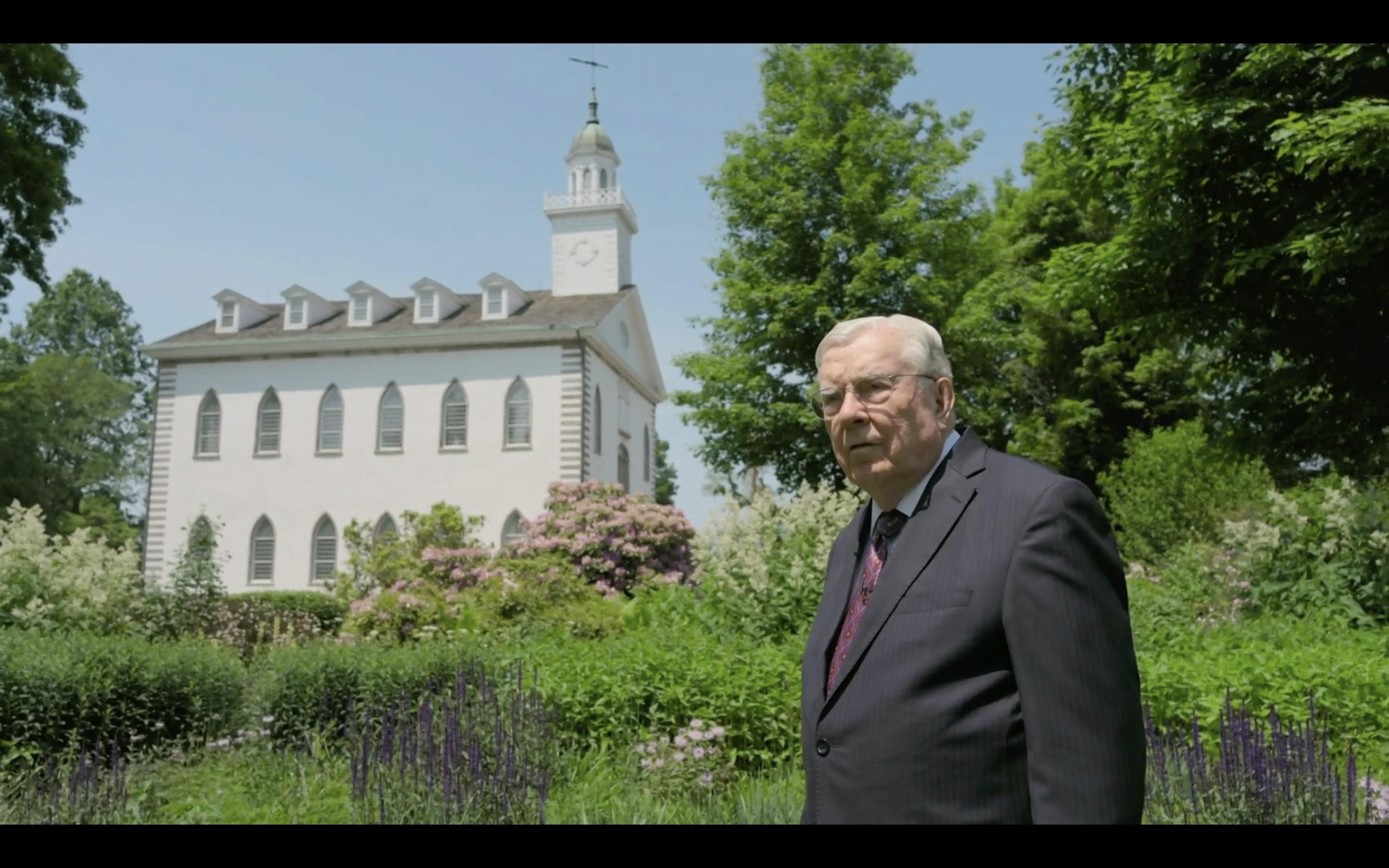 Late President M. Russell Ballard stands in front of the Kirtland Temple in Ohio, for a video presented to RootsTech 2024 attendees in Salt Lake City, Saturday.