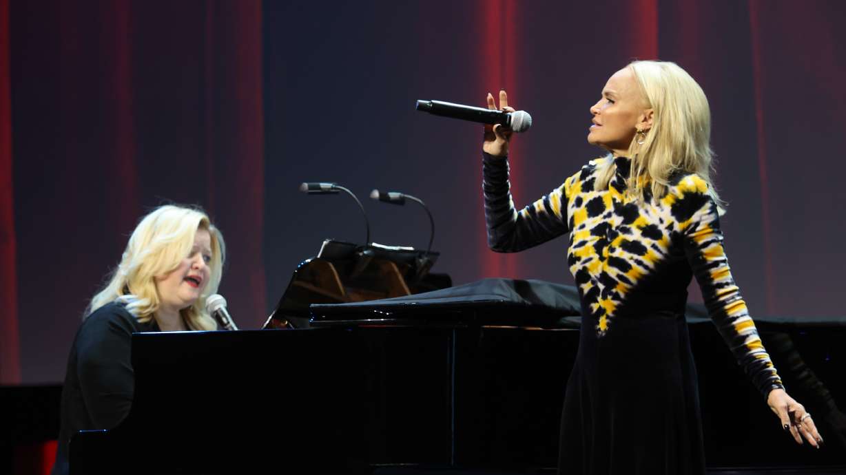 Actress and singer Kristin Chenoweth, right, and Mary-Mitchell Campbell perform during RootsTech at the Salt Palace Convention Center in Salt Lake City Saturday.