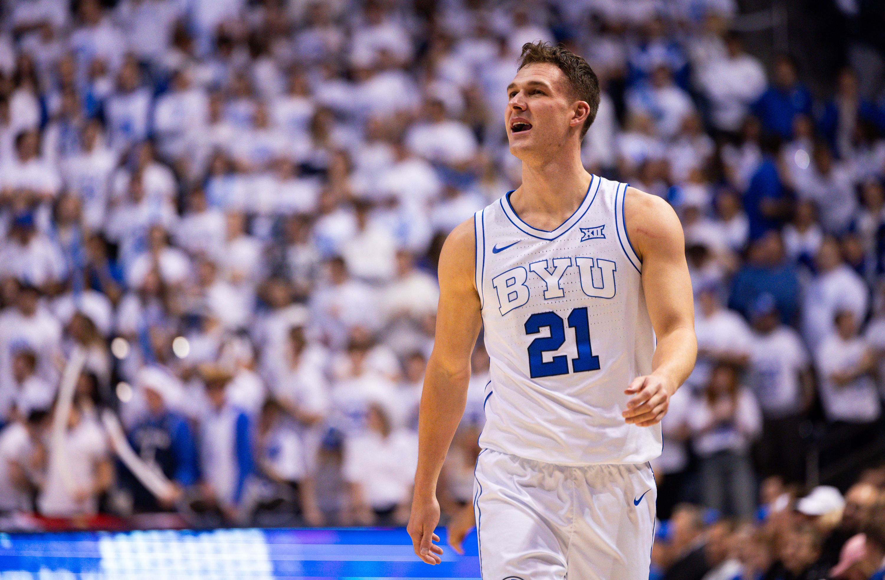 Brigham Young guard Trevin Knell (21) smiles during the second half of the college men’s basketball game between the Brigham Young Cougars and the TCU Horned Frogs at the Marriott Center in Provo on Saturday, March 2, 2024.