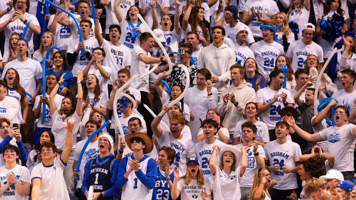 The Brigham Young Cougars student section cheers during the second half of the college men’s basketball game between the Brigham Young Cougars and the TCU Horned Frogs at the Marriott Center in Provo on Saturday, March 2, 2024.