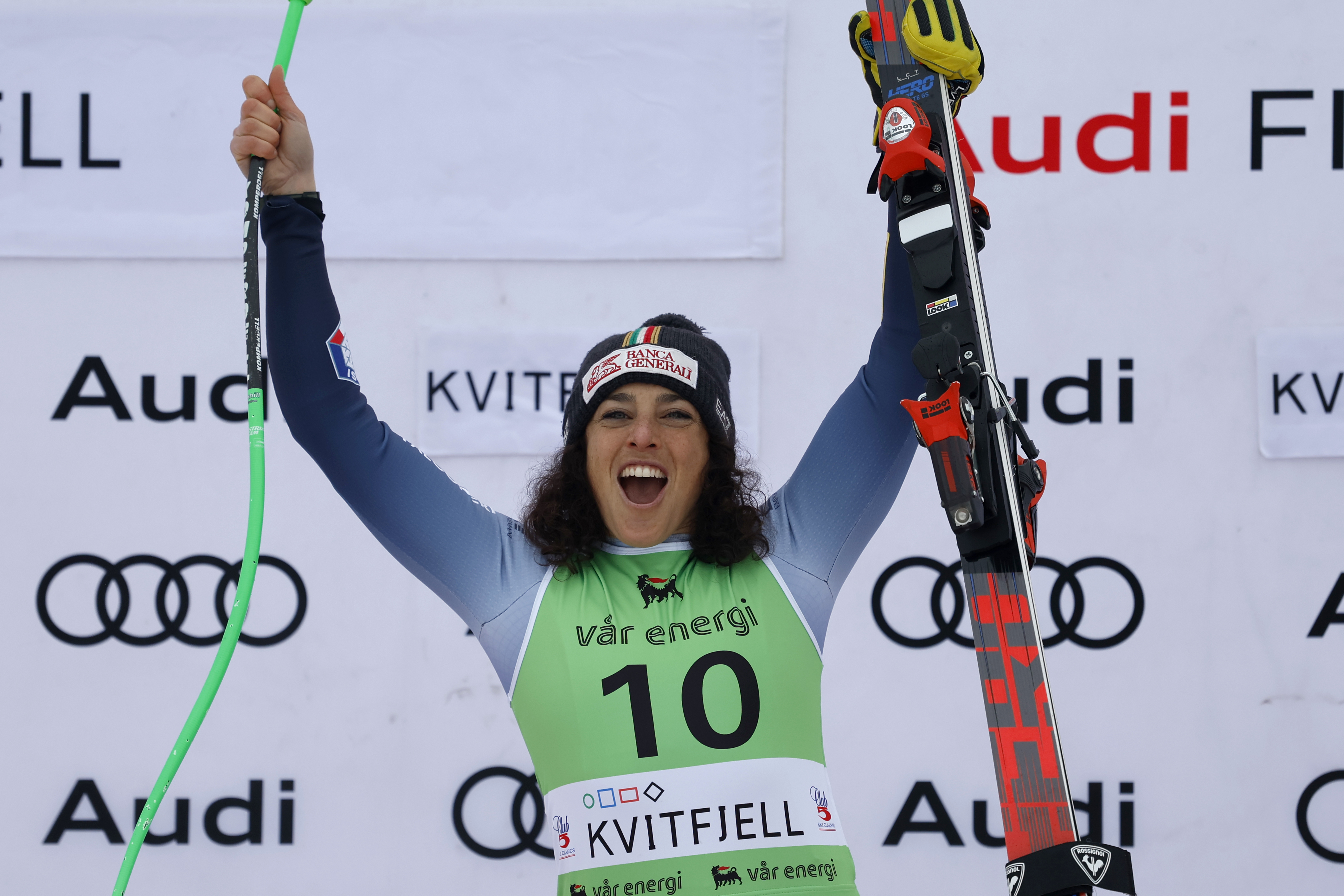 Italy's Federica Brignone celebrates winning an alpine ski, women's World Cup super-G race, in Kvitfjell, Norway, Sunday, March 3, 2024. 