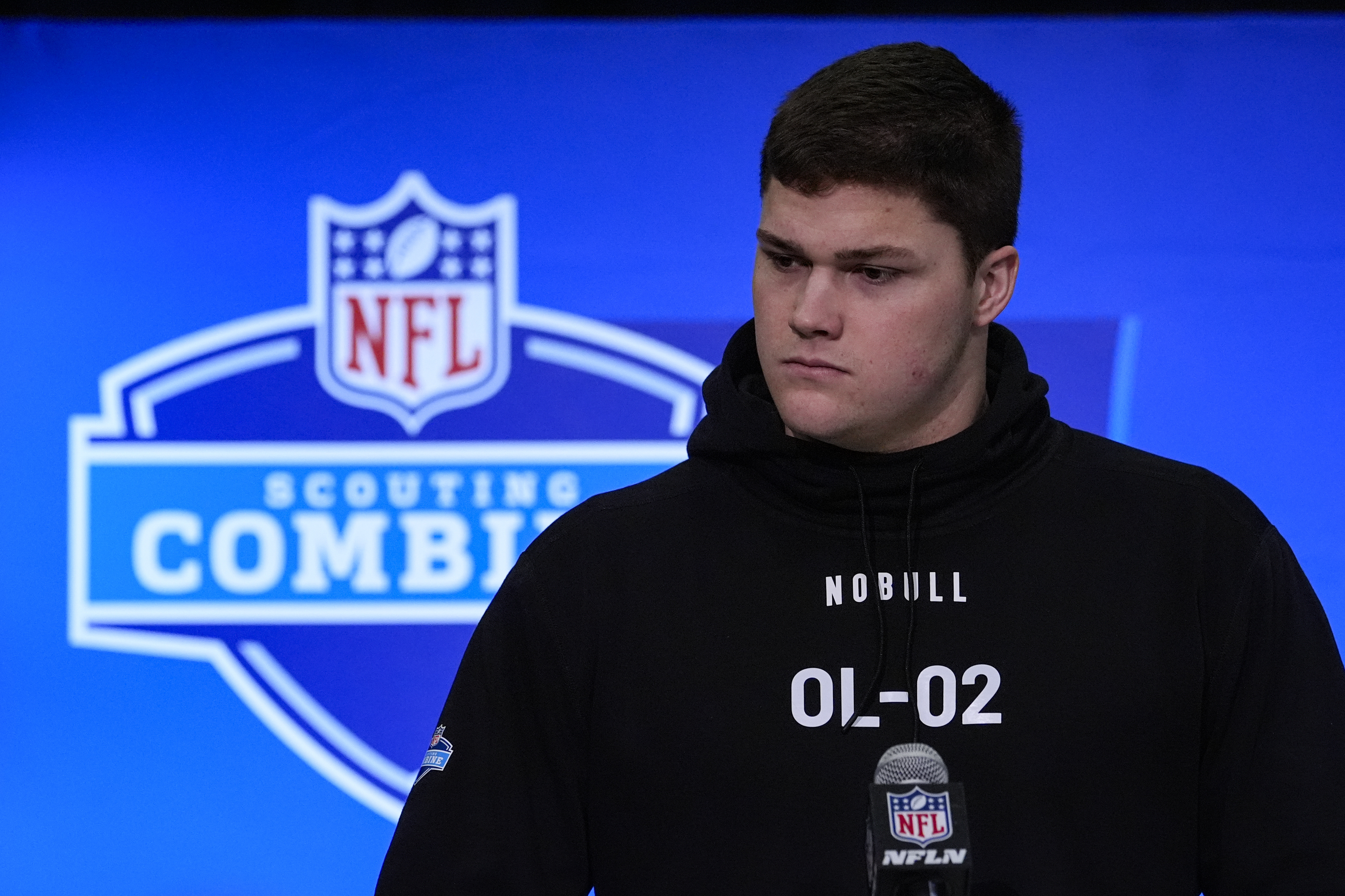 Notre Dame offensive lineman Joe Alt speaks during a press conference at the NFL football scouting combine in Indianapolis, Saturday, March 2, 2024. 