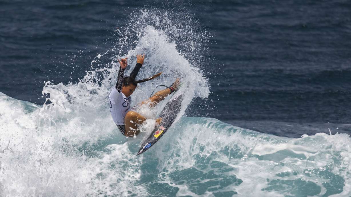 Sky Brown of Great Britain competes in the ISA World Surfing Games, a qualifier for the Paris 2024 Olympic Games, off La Marginal beach in Arecibo, Puerto Rico, Wednesday, Feb. 28, 2024.