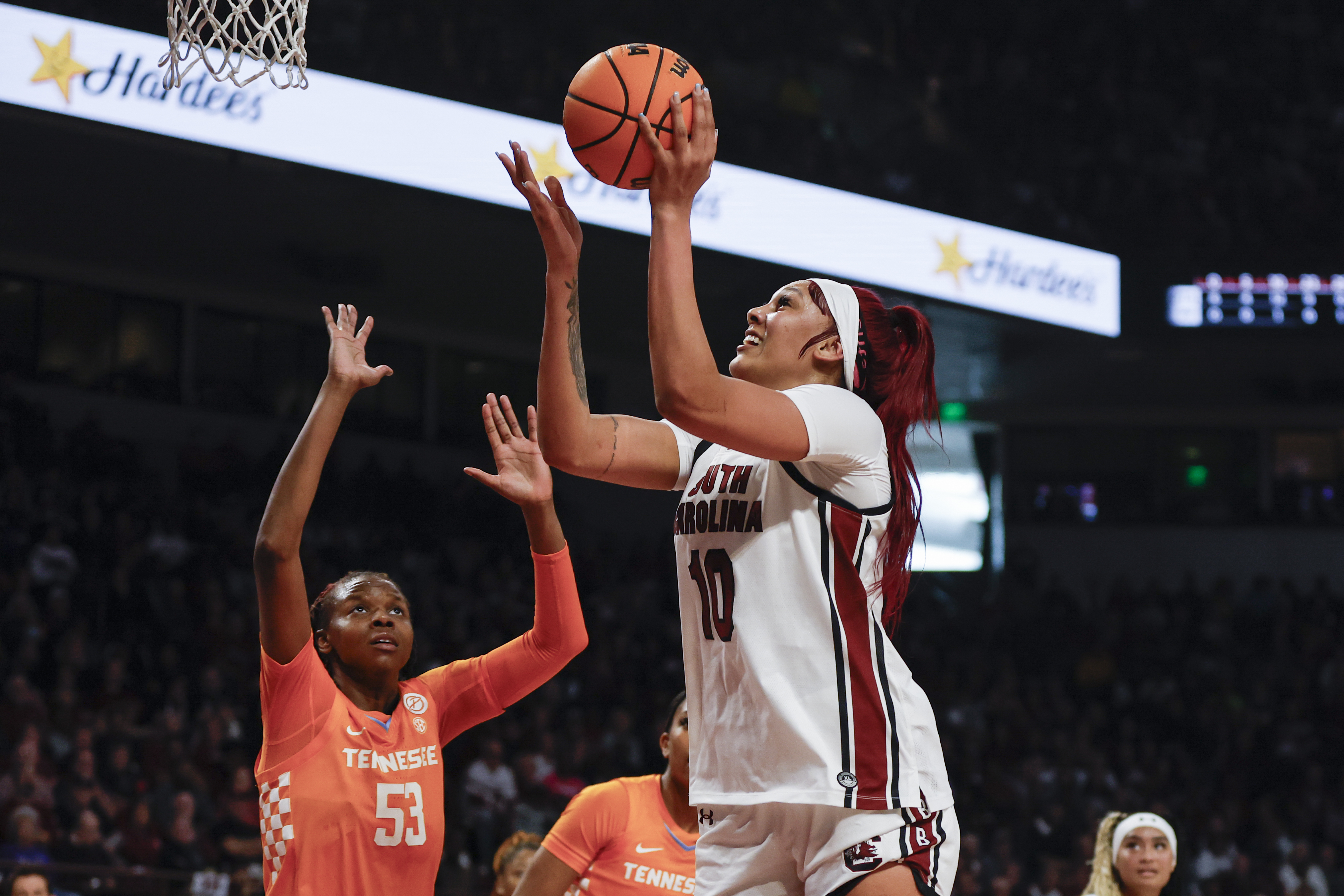 South Carolina center Kamilla Cardoso (10) shoots over Tennessee forward Jillian Hollingshead during the first half of an NCAA college basketball game in Columbia, S.C., Sunday, March 3, 2024. 