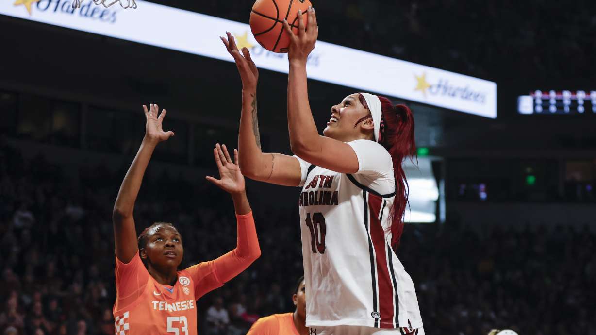 South Carolina center Kamilla Cardoso (10) shoots over Tennessee forward Jillian Hollingshead during the first half of an NCAA college basketball game in Columbia, S.C., Sunday, March 3, 2024.