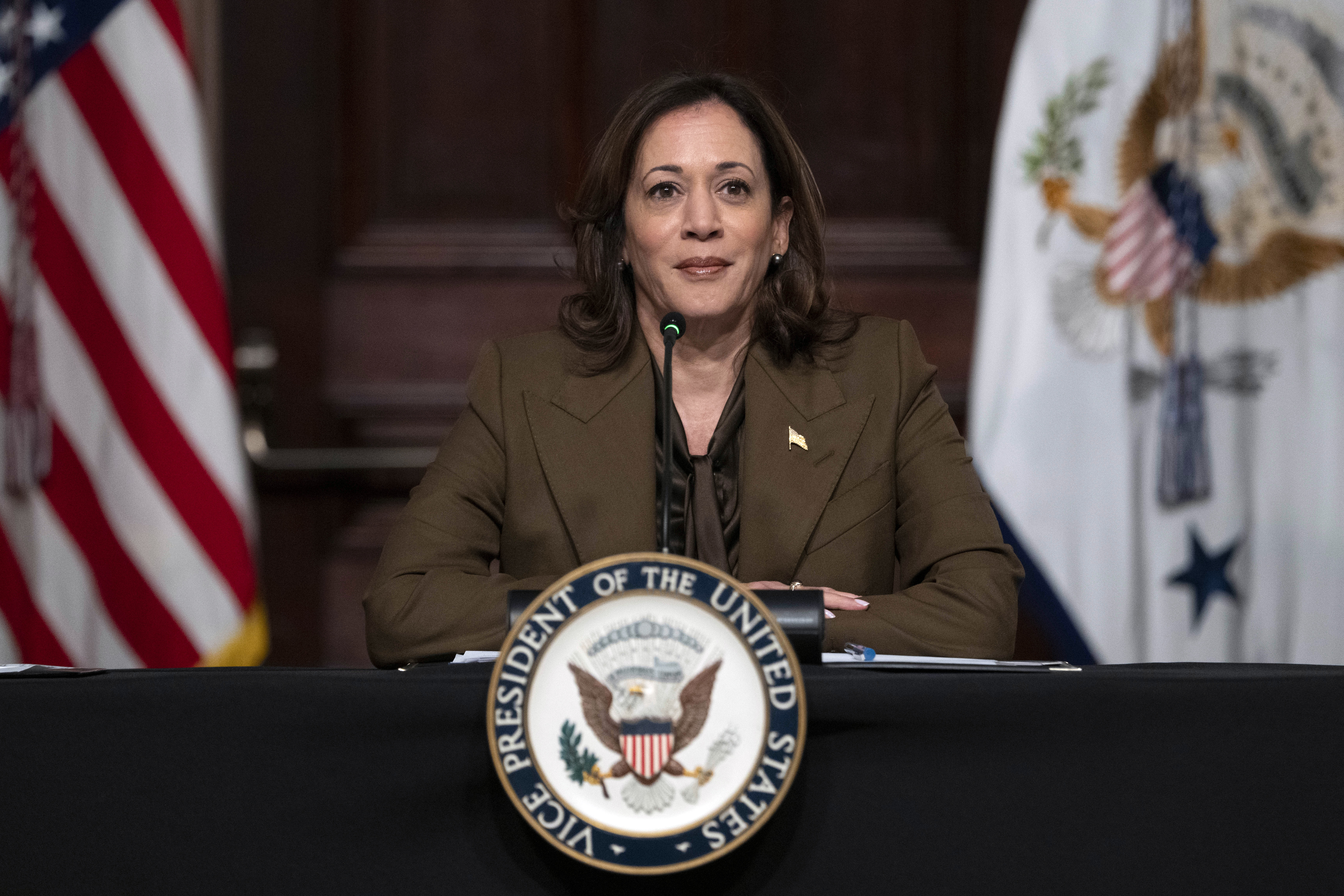 Vice President Kamala Harris speaks at the White House complex in Washington. Harris is planning to host a member of Israel's wartime Cabinet.