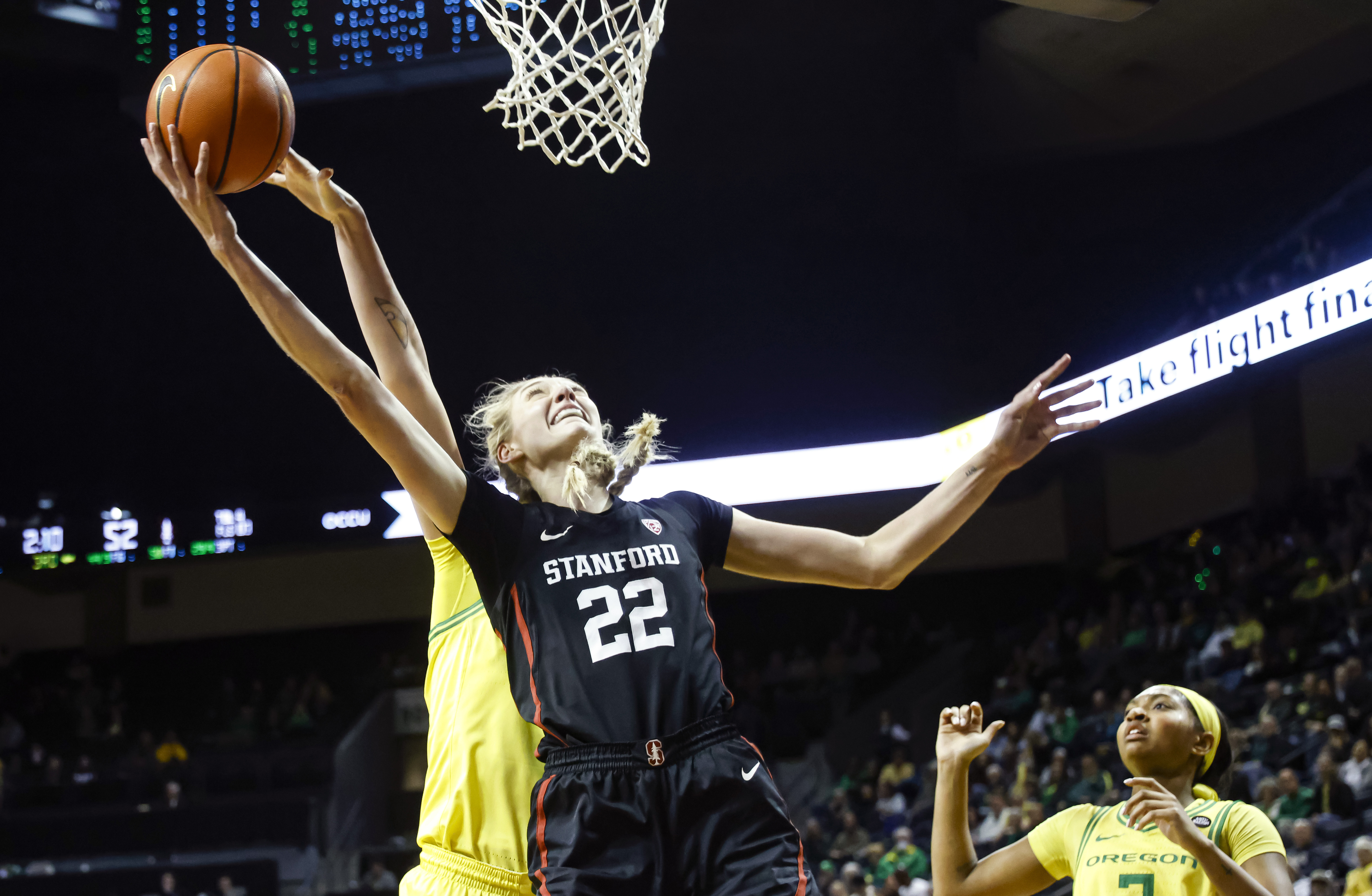 Stanford forward Cameron Brink (22) shoots against Oregon during the second half of an NCAA college basketball game in Eugene, Ore., Saturday, March 2, 2024. Stanford beat Oregon 76-56. 