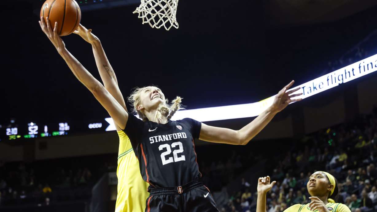 Stanford forward Cameron Brink (22) shoots against Oregon during the second half of an NCAA college basketball game in Eugene, Ore., Saturday, March 2, 2024. Stanford beat Oregon 76-56.