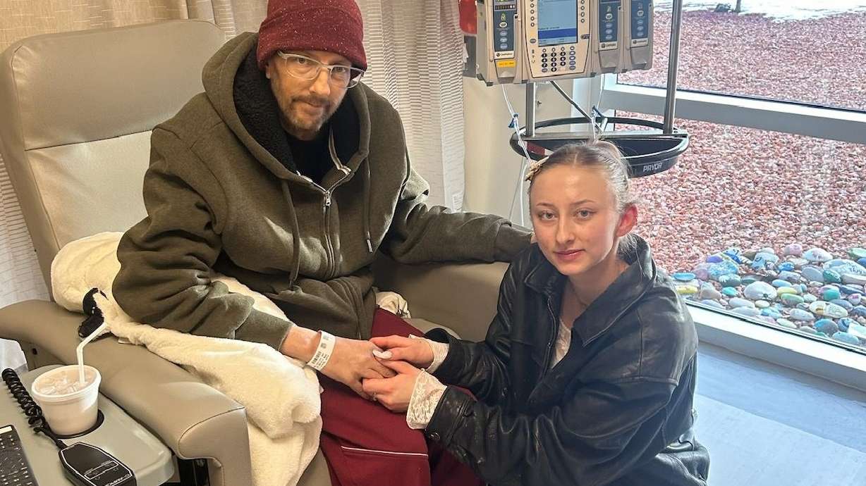 Chris Bryant with his daughter, Brianne Bryant, at Huntsman Cancer Institute. He has stage 4 pancreatic cancer brought on by Lynch syndrome, a rare genetic condition.