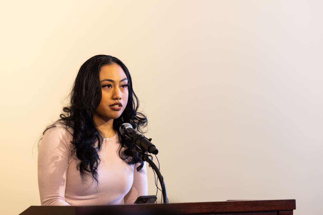 Sinia Maile speaks at a press conference held by the Gun Violence Prevention Center of Utah regarding HB119 at the Capitol in Salt Lake City on Monday.