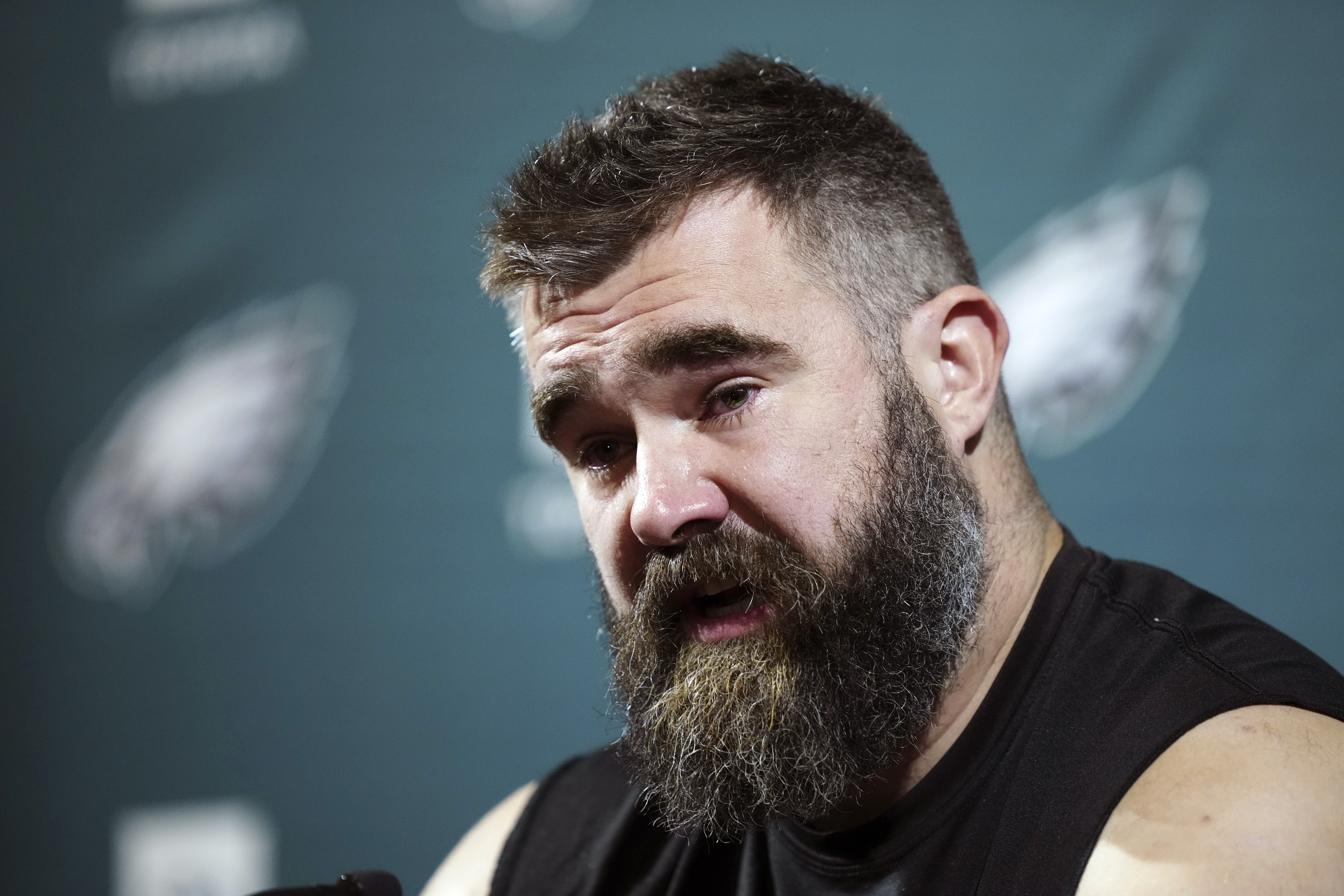 Philadelphia Eagles’ Jason Kelce announces his retirement during a press conference in Philadelphia, Monday, March 4, 2024.