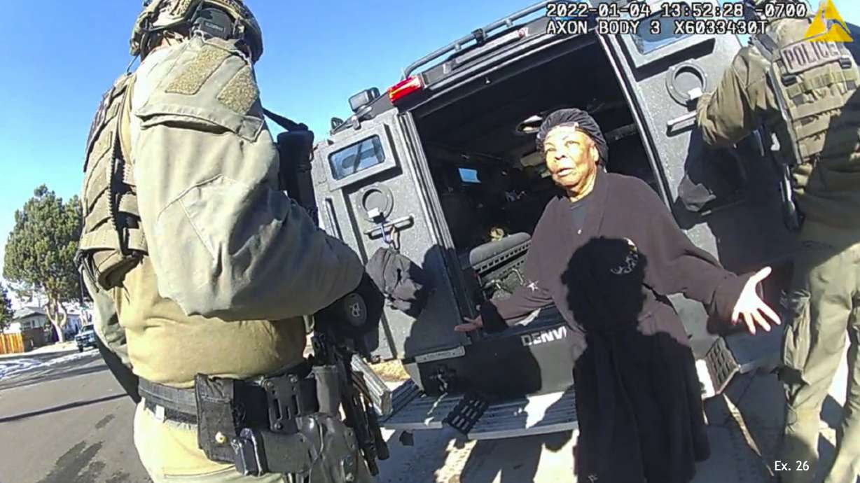 Denver Police body camera footage shows Ruby Johnson, a 78-year-old Colorado woman, surrounded by SWAT officers, Jan. 4, 2022, in Colorado. Johnson won a $3.76 million jury verdict Monday under a new Colorado law that allows people to sue police over violations of their state constitutional rights.