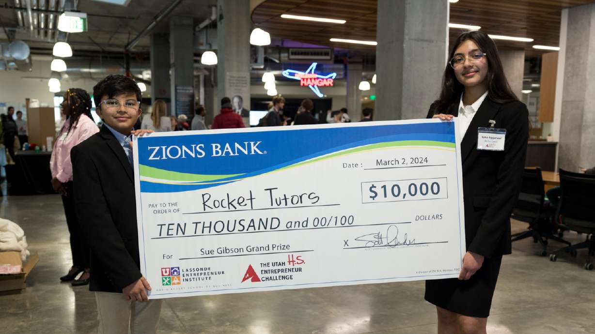 Rocket Tutors, a team from West High School that is building a business to provide free one-on-one online math tutoring, won first place and the $10,000 grand prize at the 2024 High School Utah Entrepreneur Challenge on Saturday.