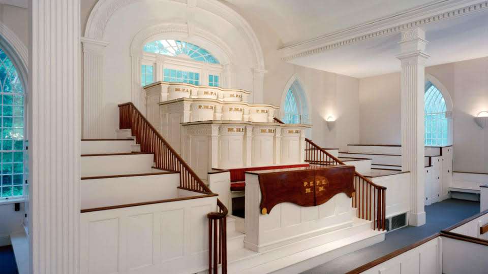 The Melchizedek Priesthood pulpits on the first floor of the Kirtland Temple, seen in an undated photo.