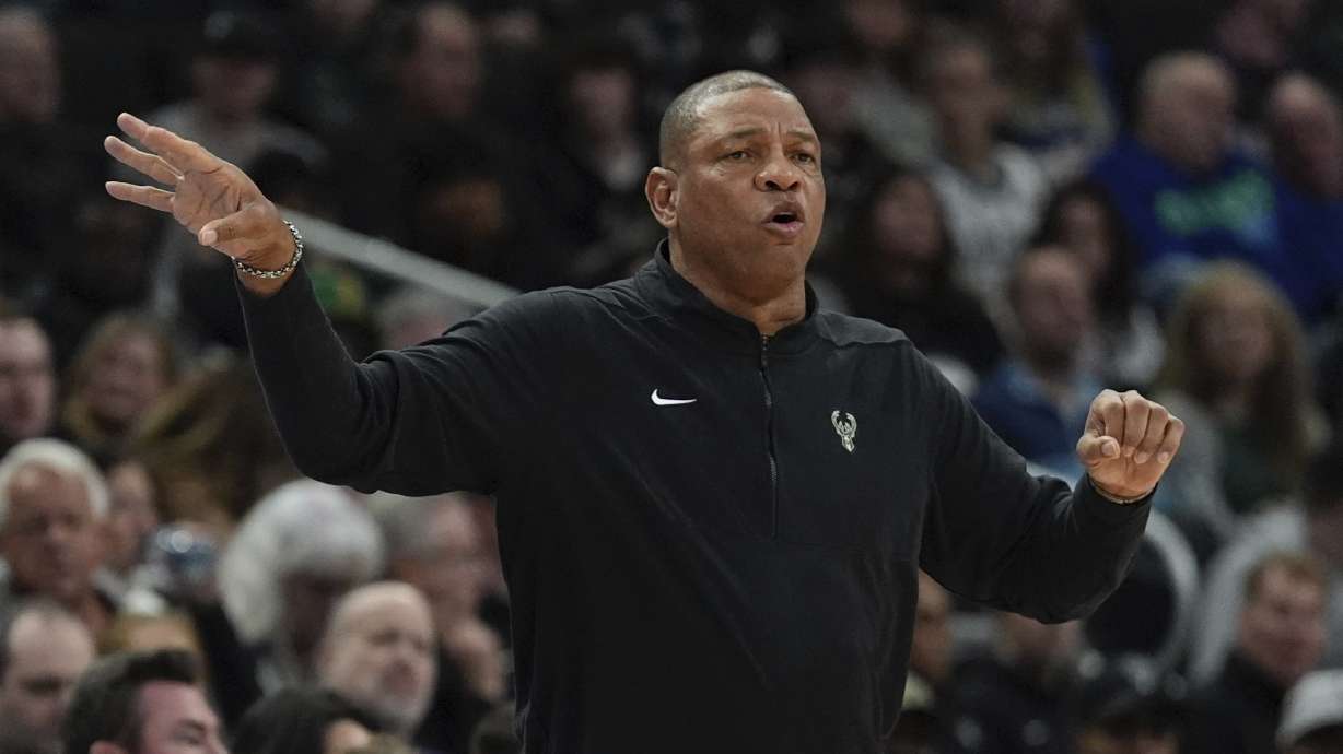 Milwaukee Bucks head coach Doc Rivers reacts during the first half of an NBA basketball game Monday, March 4, 2024, in Milwaukee.