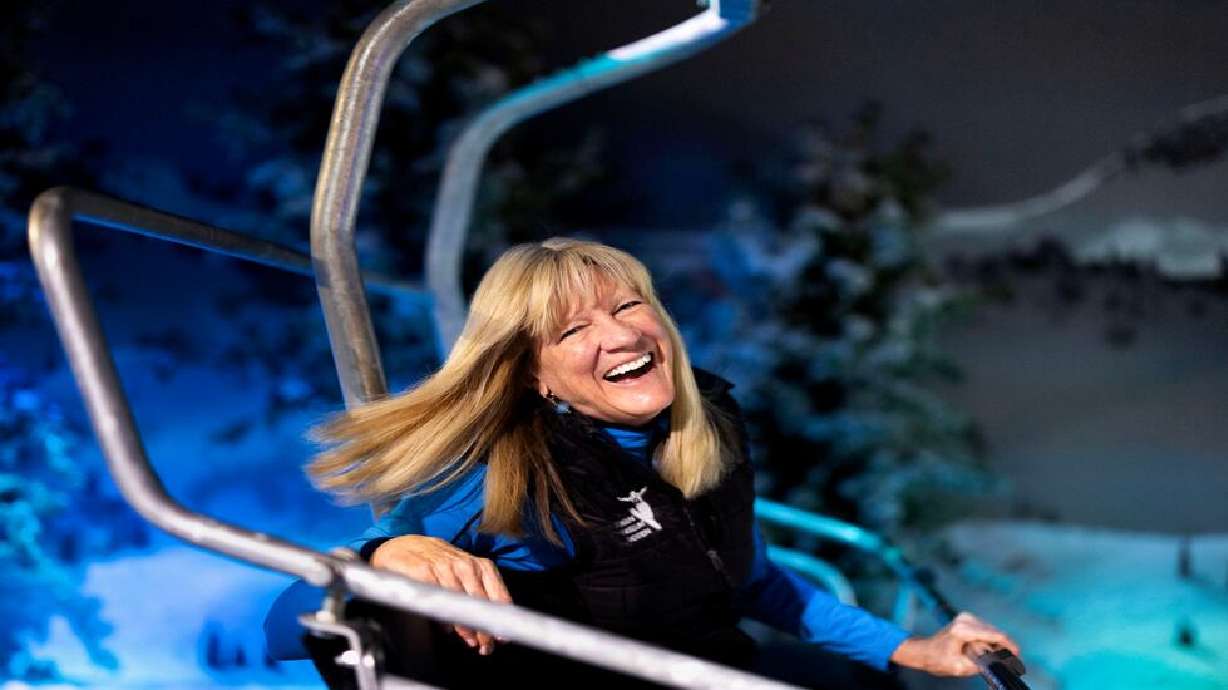 Connie Nelson rides the mountain sport simulator at the Alf Engen Ski Museum in Park City on Feb. 23. Nelson has been at the center of preserving the history of skiing in Utah.