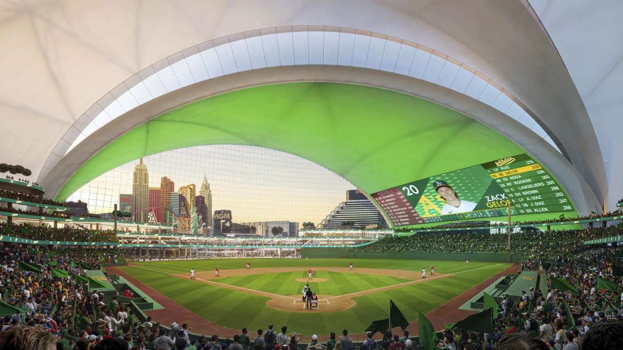The Oakland Athletics and their design teams released renderings Tuesday, March 5, 2024 of the club's planned $1.5 billion stadium in Las Vegas that show five overlapping layers with a similar look to the famous Sydney Opera House.