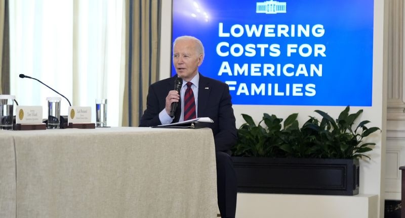 President Joe Biden speaks during a meeting of his Competition Council to announce new actions to lower costs for families in the State Dining Room of the White House in Washington, Tuesday.
