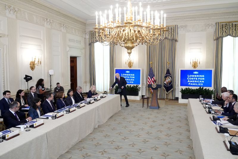President Joe Biden speaks during a meeting of his Competition Council to announce new actions to lower costs for families in the State Dining Room of the White House in Washington, Tuesday.