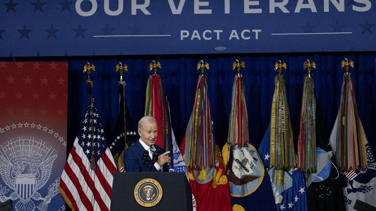 President Joe Biden delivers remarks on the anniversary of passage of the PACT Act on Aug. 10, 2023, in Salt Lake City. Benefits through the act open up to all eligible veterans on Wednesday.