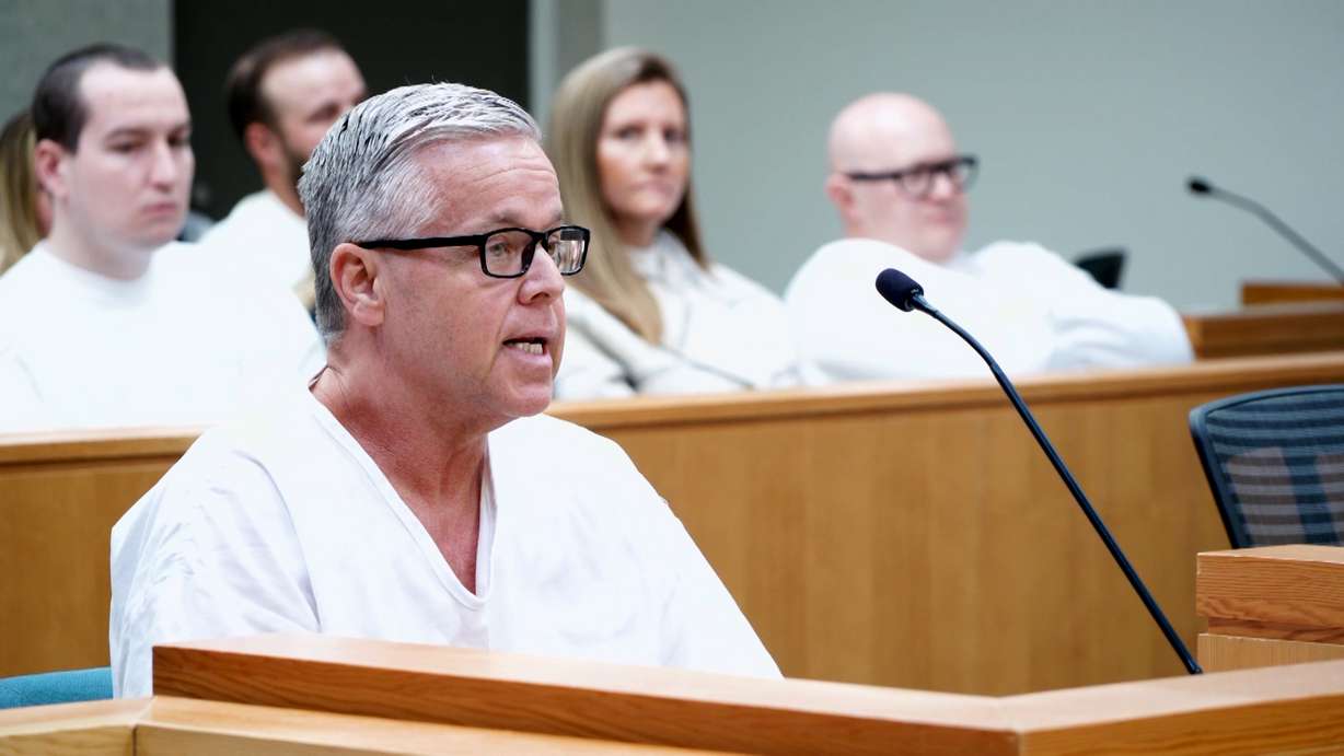 Convicted sex offender Byron Thad Haderlie, 53, speaks at a victim impact hearing held by Utah’s Board of Pardons and Parole on Monday.