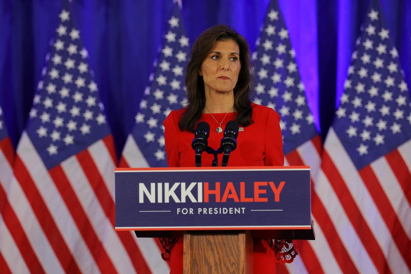 Republican presidential candidate and former U.S. Ambassador to the United Nations Nikki Haley announces she is suspending her campaign, in Charleston, S.C., Wednesday.