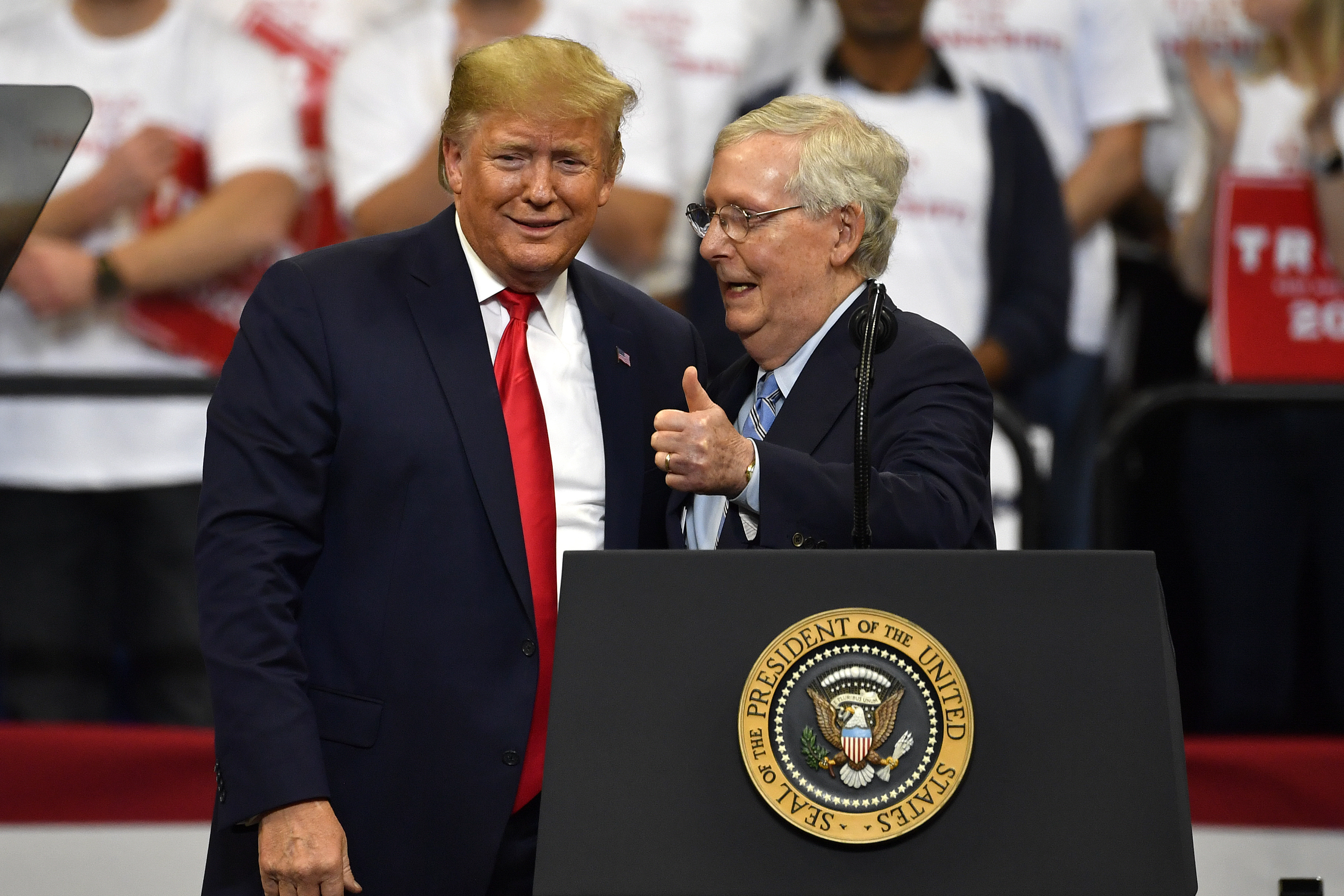 President Donald Trump, left, and then-Senate Majority Leader Mitch McConnell of Ky., attend a campaign rally in Lexington, Ky., Nov. 4, 2019. McConnell has endorsed Trump for president.