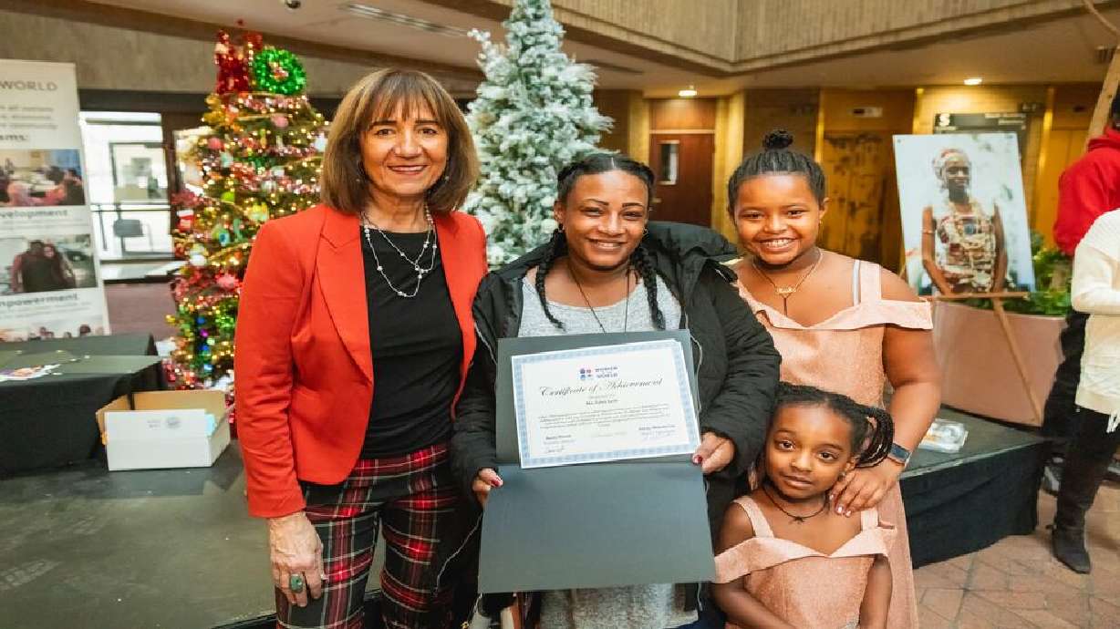 Samira Harnish stands with Zabel Ayele at the 2022 Women of the World Awards. The nonprofit organization relies on donations that help fund scholarships, language lessons and case management, among other services.