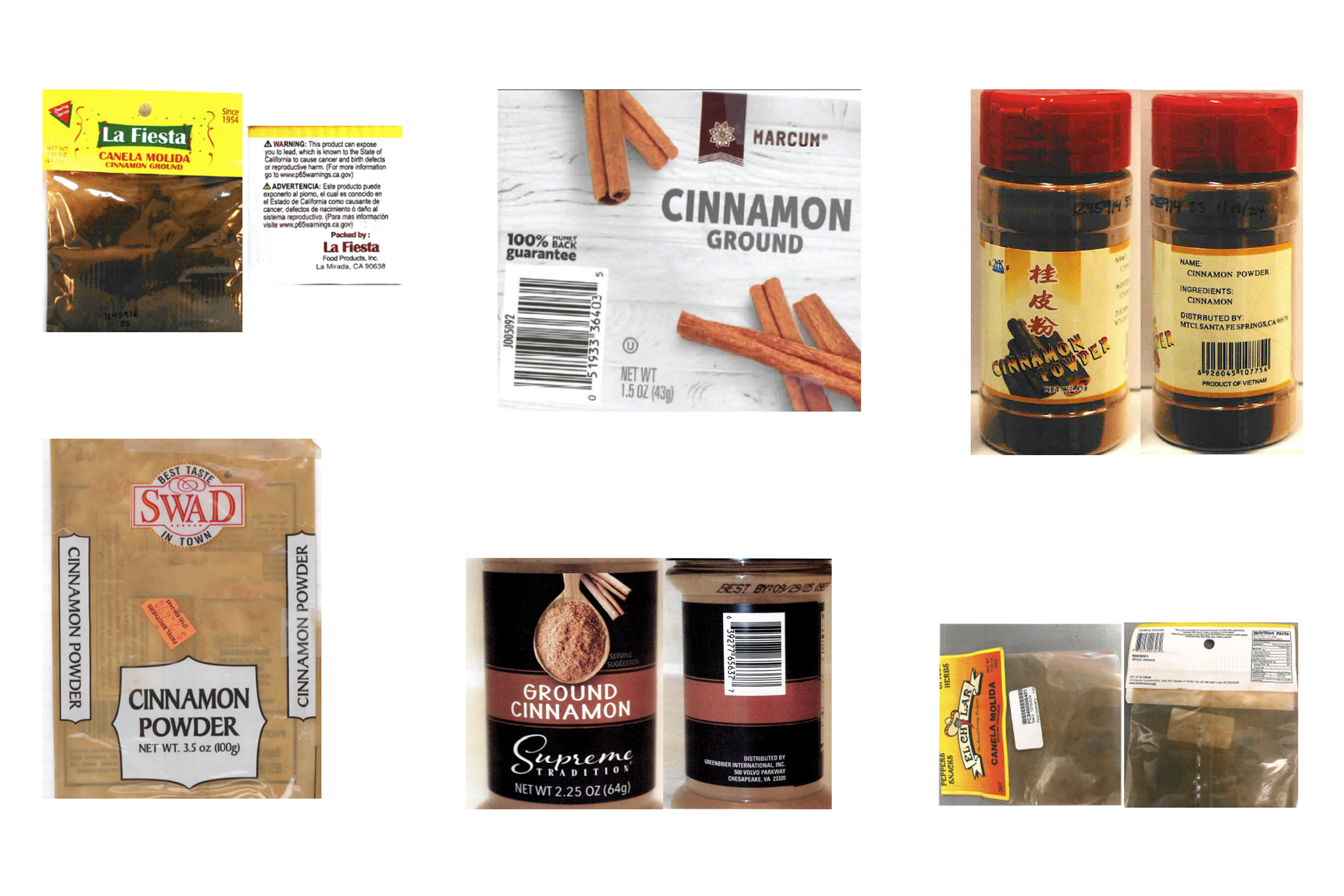 This combination of photos shows cinnamon products sold in U.S. discount stores which contain elevated levels of lead.