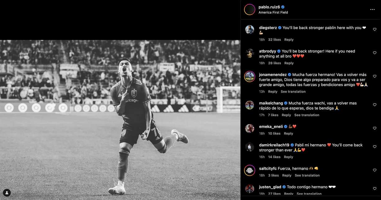 RSL teammates comment on Pablo Ruiz's Instagram post announcing he tore is ACL.