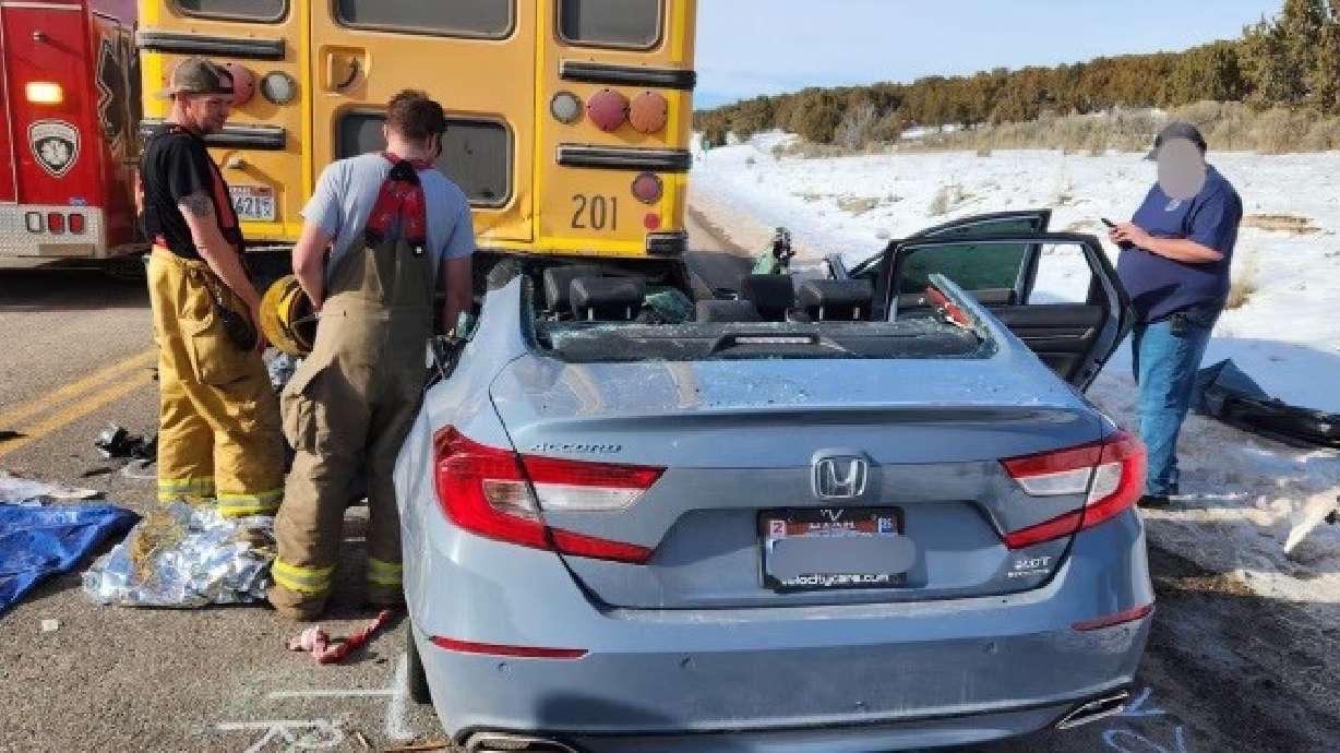 One person was killed Wednesday in Fairview, Sanpete County, when a car crashed into the back of a school bus.